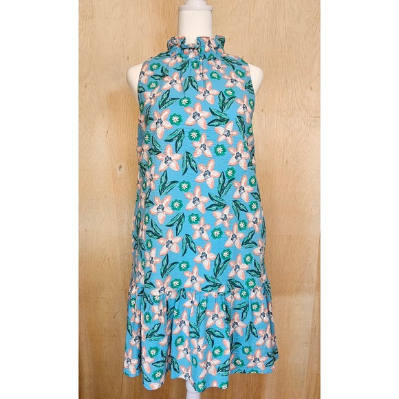 100% Cotton THML Blue Floral Sleeveless Dress Size XS Ruffle Neck/Hem Pockets - Picture 1 of 7